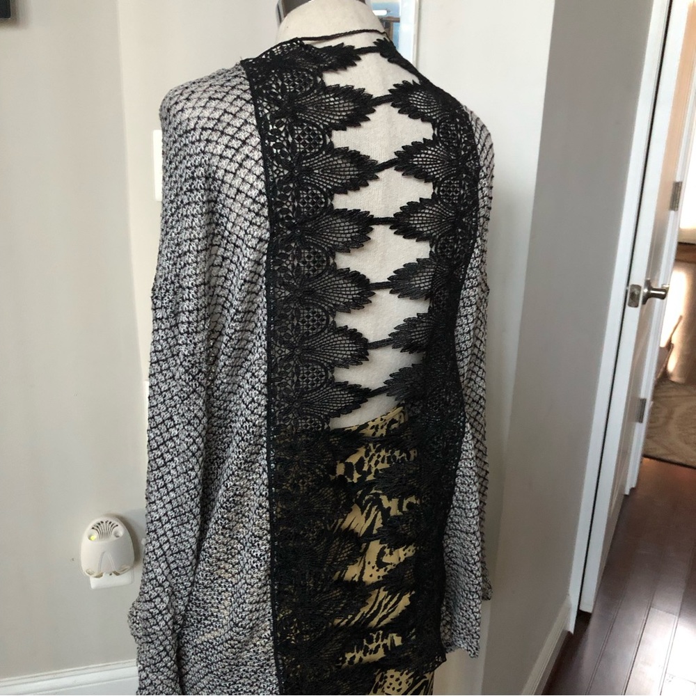 Vestique beautiful crocheted back detail soft duster shrug